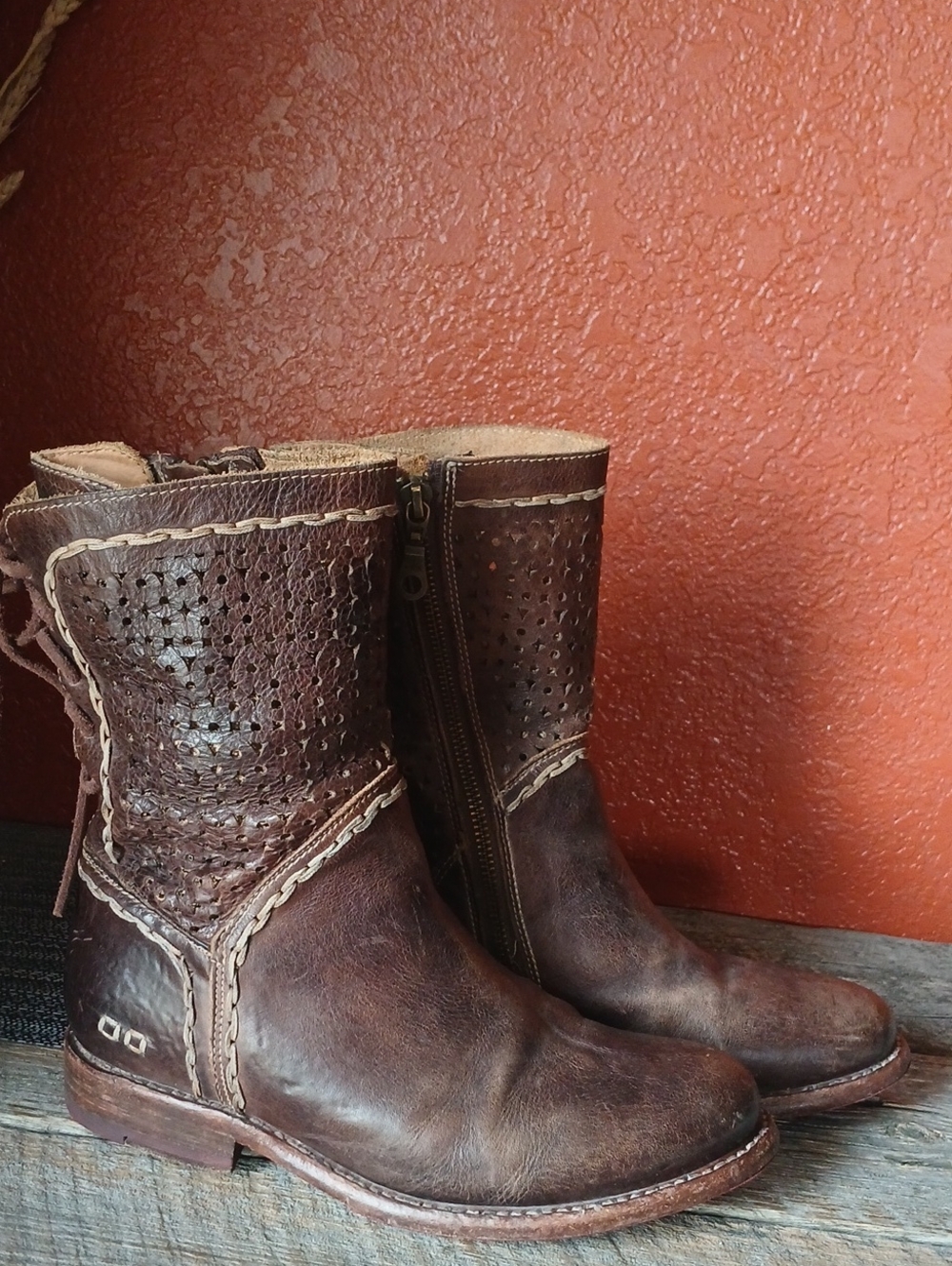 BED|STU Women's Brown Perforated Leather Mid-Height Boots